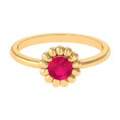 3/4 CT Round Cut Solitaire Ruby Gold Flower Ring Ruby - ( AAA ) - Quality - Rosec Jewels Gold Flower Ring, Golden Flower, Ruby Engagement Ring, Rings Diamond, 18k Yellow Gold Ring, Signature Jewelry, Gold Flower, Ruby Gemstone, Timeless Jewelry