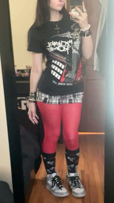 #mcr #outfit #red #emo #alt #fashion #cute #tights #mychemicalromance Wwwy Fest Outfits, Alt Inspo Outfit, Outfit Ideas Fishnets, Emo Clothes Ideas, Ptv Outfit Ideas, 200s Emo Fashion, How To Style A White Long Sleeve Shirt, Emo Concert Outfit Ideas, My Chemical Romance Concert Outfit