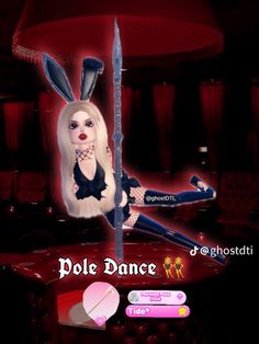 an animated image of a woman with bunny ears holding a pole in front of a stage