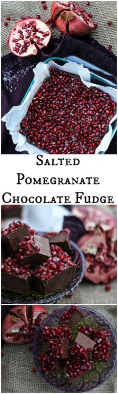 chocolate fudge with pomegranate on top and in the middle, surrounded by other ingredients