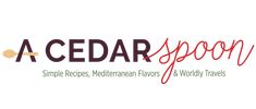 a cedar spoon logo with the words simple recipes, mediterranean flavors and worldly travels