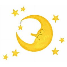 a drawing of a crescent moon with stars in the night sky above it, as if to be for a child's room