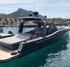 a black and white boat in the water