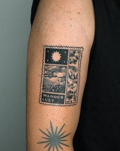 a man's arm with a stamp on it that says wander witt and an image of the sun