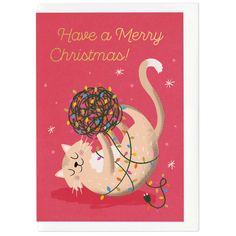 a pink christmas card with a cat holding a ball of yarn on it's back