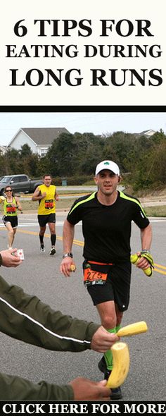 a man holding a banana while running with other people on the road behind him and text that reads, 6 tips for eating during long runs