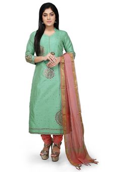 Art Bhagalpuri Silk Straight Kameez in Sea Green. This Readymade Attire with Cotton Lining is Gracefully Embroidered with Mirror and Gota Patti Work and is Crafted in Collar Neck and Quater Sleeve. Available with a Shantoon Churidar and a Kota Silk Dupatta in Peach. The Lengths of the Kameez and Bottom are 48 and 52 inches respectively.Do note: Accessories shown in the image are for presentation purposes only and length may vary upto 2 inches.(Slight variation in actual color vs. image is possib Pista Green Art Silk Churidar With Resham Embroidery, Embroidered Semi-stitched Slub Silk Salwar Kameez, Pista Green Art Silk Unstitched Straight Kurta Suit, Art Silk Embroidered Fabric For Straight Kurta, Embroidered Slub Silk Salwar Kameez For Festive Occasions, Festive Embroidered Slub Silk Salwar Kameez, Pista Green Art Silk Churidar, Diwali Embroidered Slub Silk Sets, Pista Green Embroidered Art Silk Salwar Kameez