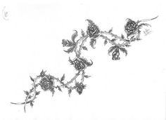 black and white drawing of three roses on a branch