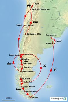 a map showing the route of many different destinations in latin america and south america, as well as several other countries