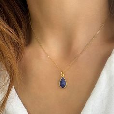 Natural Sapphire Gemstone in a tiny but dainty sapphire gemstone Pendant. ✔️Genuine Raw Blue Sapphire Necklace✔️ Ideal for a Christmas gift for her.   Offer this Tiny Sapphire Necklace as a September Birthstone Necklace. A Real Blue Sapphire Teardrop Necklace. High-Quality Solid 925 Sterling Silver * Finish: Sterling Silver ∙ 24K Gold   Sapphire Jewelry, Handmade in Greece.   This Sapphire necklace is great for wearing alone or for layering with other necklaces. Moreover, Blue Sapphire is a real September Birthstone Necklace, Blue Stone Necklace, Blue Sapphire Necklace, Teardrop Necklace, Gifts For Your Girlfriend, September Birthstone, Sapphire Necklace, Sapphire Jewelry, Sapphire Gemstone