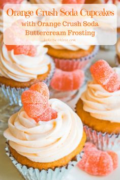 orange crush soda cupcakes with orange crush soda buttercream frosting on top