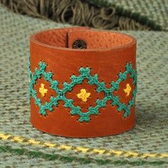 Leather Wristband Bracelet with Turquoise Cross-Stitch Motif - Marash Radiant Waves | NOVICA Imperial Leather, Turquoise Cross, Wristband Bracelet, Bracelet Crafts, Jewelry Packaging, Armenia