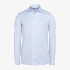 Find the height of spring style & comfort in this breezy light blue shirt. Tailored slim with ultra-fine stitching, a softly structured collar, and a sleek, semi-tailored waist for a casually polished silhouette. Fitted Polo Collar Shirt For Semi-formal Occasions, Light Blue Long Sleeve Slim Fit Shirt, Light Blue Slim Fit Long Sleeve Shirt, Light Blue Long Sleeve Shirt For Semi-formal Occasions, Elegant Blue Slim Fit Top, Solid Dress Shirt With Spread Collar For Spring, Spring Solid Dress Shirt With Spread Collar, Classic Summer Shirt With Fold Down Collar, Solid Spring Dress Shirt With Spread Collar