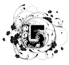 the letter j is surrounded by flowers and swirls on a black and white background