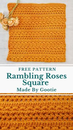 an orange crocheted square with text that reads free pattern rambling roses square made by