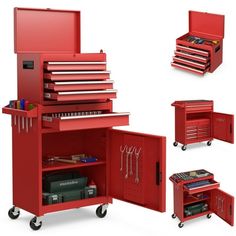 a red tool cabinet with tools in it