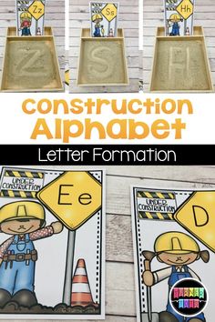 construction alphabet letters and numbers for the letter formation, with pictures of construction workers on them