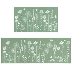 two green wallpapers with white flowers and butterflies