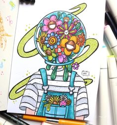 a drawing of a person with flowers on their head and overalls, in front of colored pencils