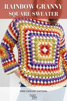 a crocheted sweater with the words rainbow granny square sweater on it