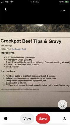 the crockpot beef tips and gravy recipe is displayed on an iphone