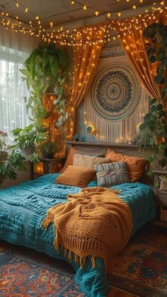 a bed room with a neatly made bed and lots of plants