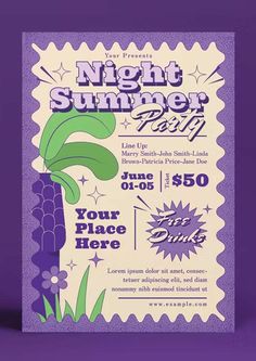 a flyer for a night summer party with corn on the cob and purple background