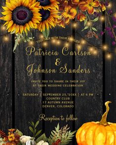 an autumn wedding card with sunflowers and pumpkins on a wooden fence background