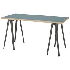 a table with two legs and a blue top