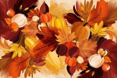 an artistic painting of autumn leaves and acorns