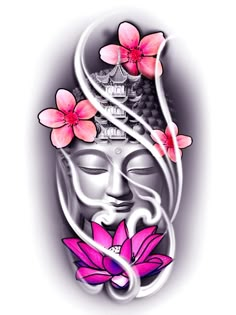 a buddha face with pink flowers on it's head and the image is painted in white