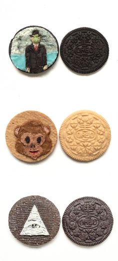 four different types of cookies with pictures on the front and back one has an image of a man in a suit