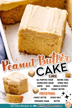 an advertisement for peanut butter cake with frosting on the top and two slices cut out