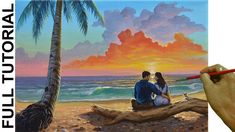 a painting of two people sitting on a log at the beach