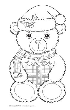 a teddy bear wearing a santa hat and scarf with a present in its paws coloring page