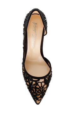 Sparkling crystals create an ornate pattern on a half d'Orsay pump that completes your look with undeniable glamour. 4" heel Textile upper/synthetic lining and sole Imported Ivory Pumps, Ornate Pattern, Silver Pumps, Sparkling Crystal, Black Pumps, Evening Wear, Women's Pumps, Betsey Johnson, Pumps Heels