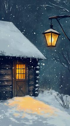 a painting of a cabin in the snow with a lantern hanging from it's roof