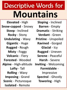 a list of descriptive words for mountains with the title below it in red and white