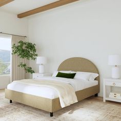 a bedroom with a bed, nightstands and a plant in the middle of the room