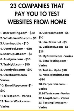 a poster with the words 25 companies that pay you to test website from home