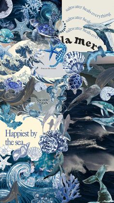 a collage of blue and white sea life with the words happyest by the sea