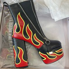 Brand New In Box! Halloween Heels, Black Boot Heels, Fire Boots, Fire Outfits, Wishlist 2024, Spike Heels, Famous Footwear, Shoe Print, Pretty Shoes