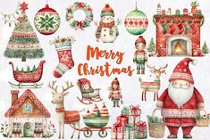 watercolor christmas clipart set with santa, reindeer, sleigh and other holiday items