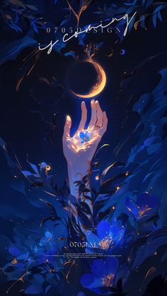 an artistic poster with blue flowers and hands reaching for the moon in the night sky