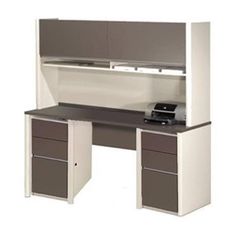 an office desk with two drawers and a printer