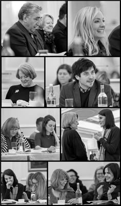 black and white photo collage of people at a meeting, including two men and one woman