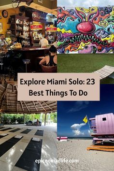 Photo collage of colorful murals in Wynwood, Miami, a cozy intimately lit bar, a zen yoga space on Miami Beacu under the straw ceiling, and the pink lifeguard tower on Miami Beach on a sunny day Trip To Miami, Wynwood Walls