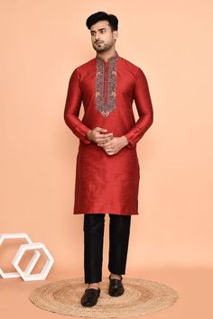 Maroon silk kurta with placement thread embroidery on neckline and yoke. Paired with a black plain straight pant. - Aza Fashions Traditional Slub Silk Churidar With Embroidered Border, Unstitched Silk Churidar For Ceremonial Occasions, Ceremonial Tussar Silk Kurta For Transitional Season, Ceremonial Silk Unstitched Churidar, Ceremonial Festive Tussar Silk Kurta, Transitional Ceremonial Tussar Silk Kurta, Festive Ceremonial Tussar Silk Kurta, Silk Kurta With Resham Embroidery For Traditional Ceremonies, Slub Silk Kurta For Ceremonial Festivals