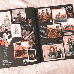 an open photo book with pictures and words on it's pages, including images from disney world