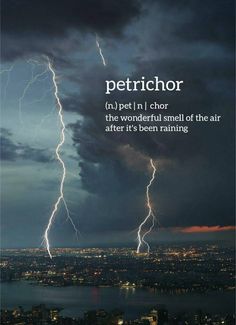 lightning strikes in the sky over a city at night with caption that reads, petrichor no pet i'll or the wonderful smell of the air after it's been raining